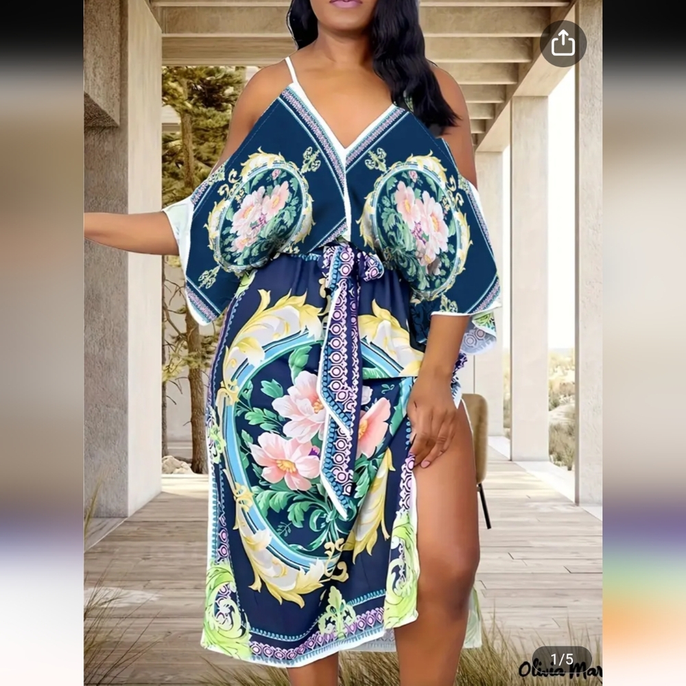 Boho batwing floral dress w/tie